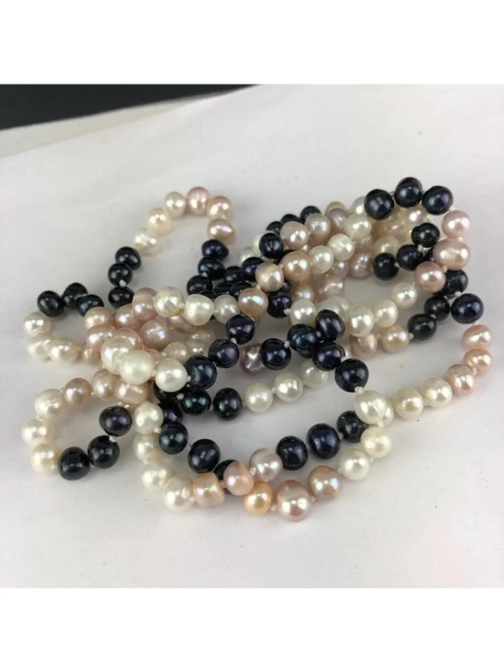 Tri-Color Extra Long 50" Pearl Necklace Pink White & Pewter - Picture 3 of 6